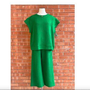 Flare Textured Travel Set - Short Cap Sleeve Top & Crop Flare Drawstring Pant